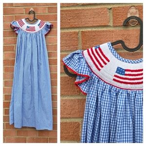 Pleats and Stitches Flag Smocked Dress in Light Blue Gingham Size 10